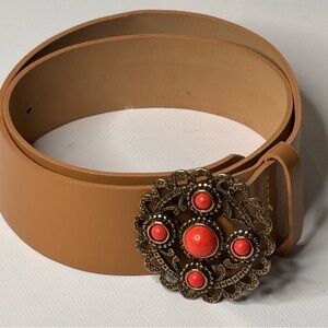 Sandy Duftler Tan Leather Southwestern Western Coral Wide  Belt Size Small